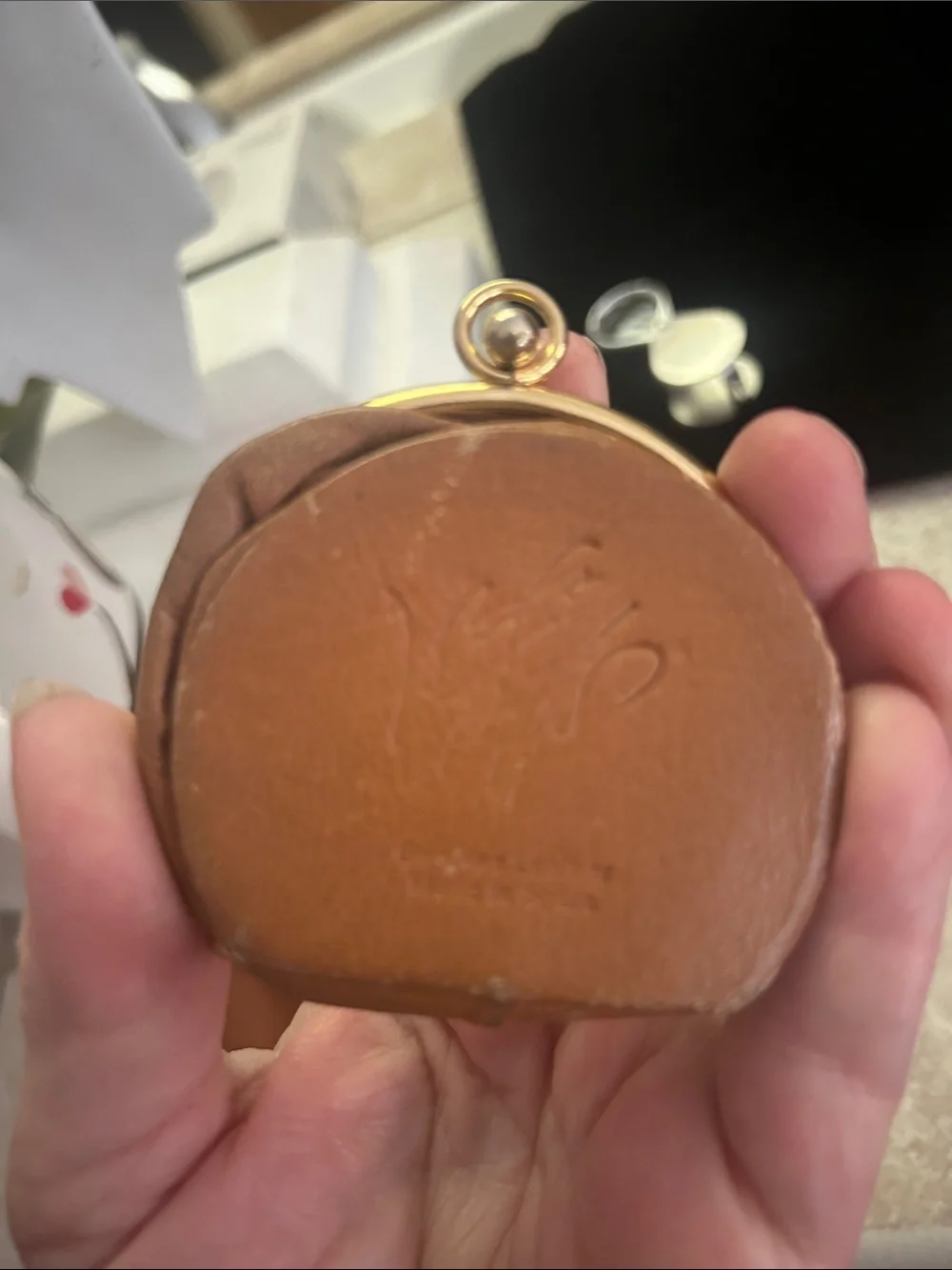 Neiman Marcus Brown Leather Coin Pouch with Black and Brown Pendant Compacts